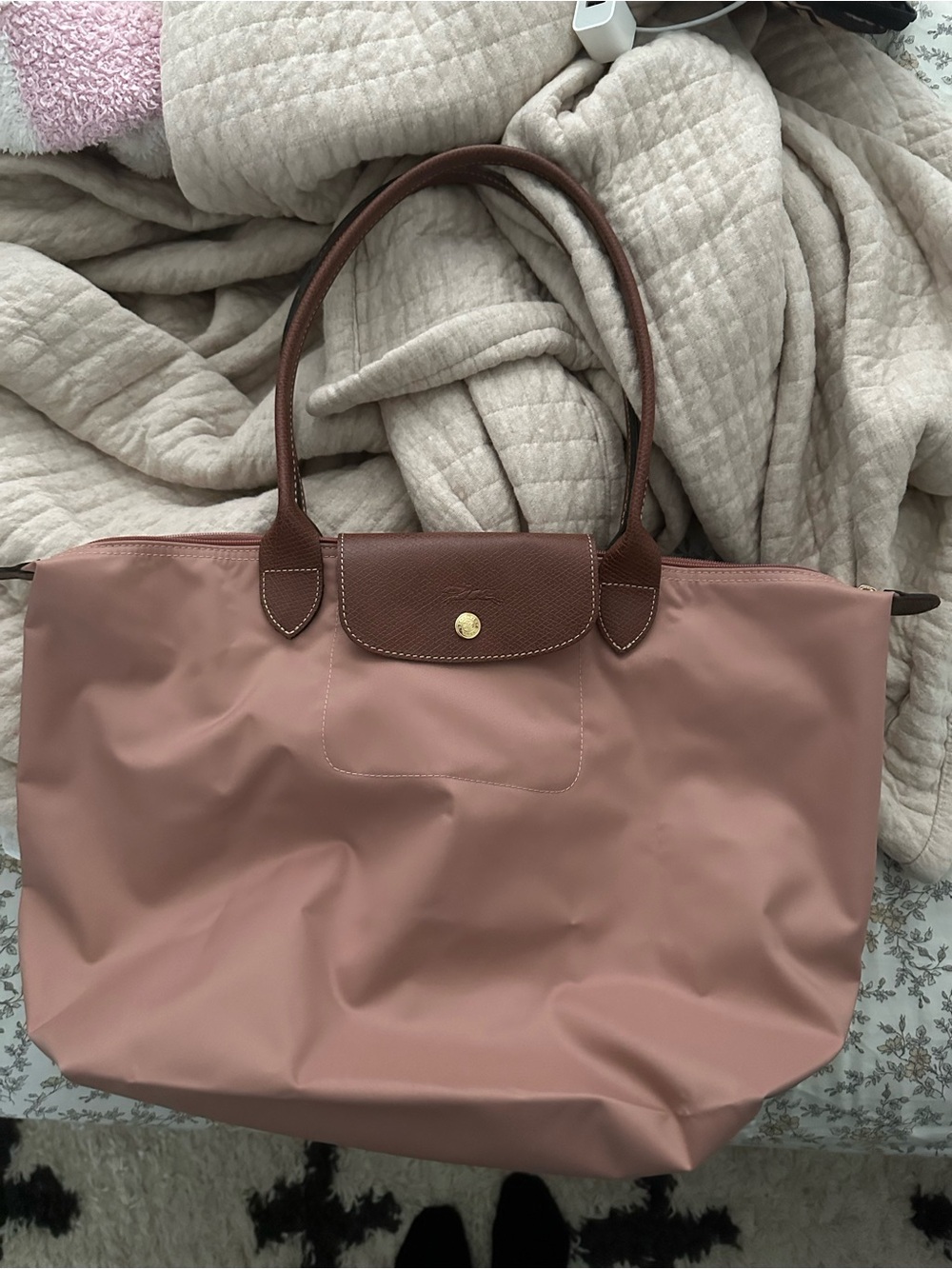 Longchamp Rose Pink Tote with Brown Trim